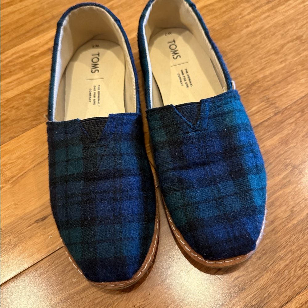 TOMS Blue and Green Plaid Flats